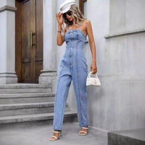 Denim Jumpsuit — Button-Front Strap Style