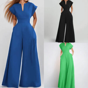 Jumpsuit — V-Neck Cap-Sleeve Wide Leg