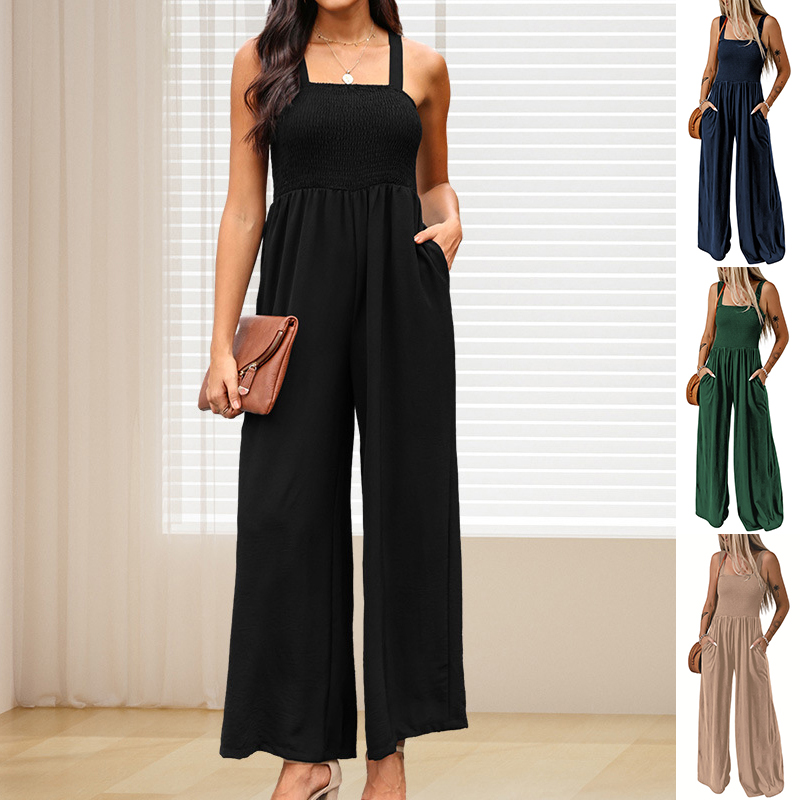 Jumpsuit — Square-Neck Pleated Wide Leg