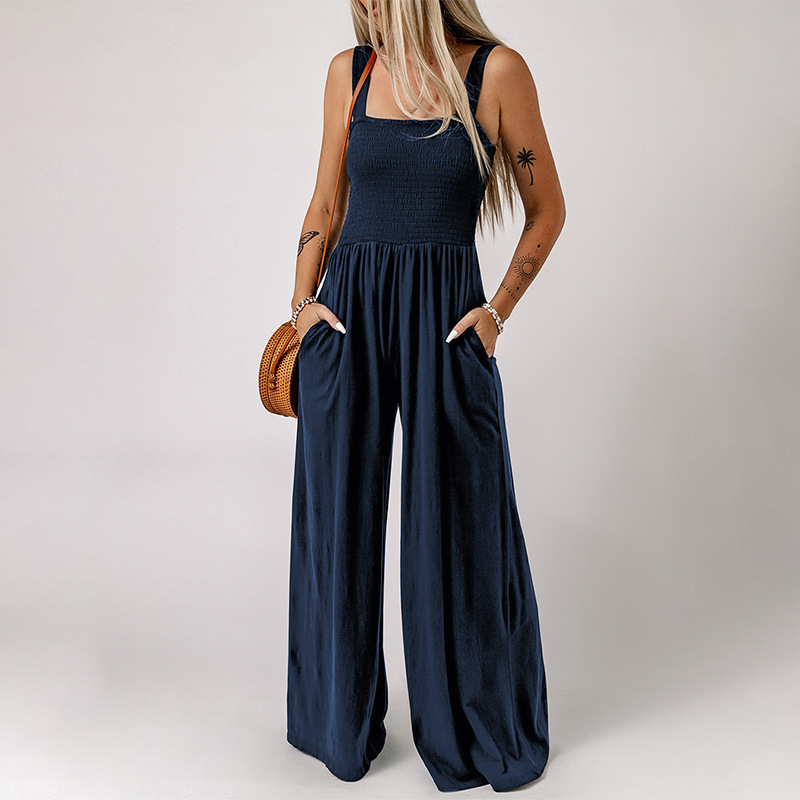 Jumpsuit — Square-Neck Pleated Wide Leg