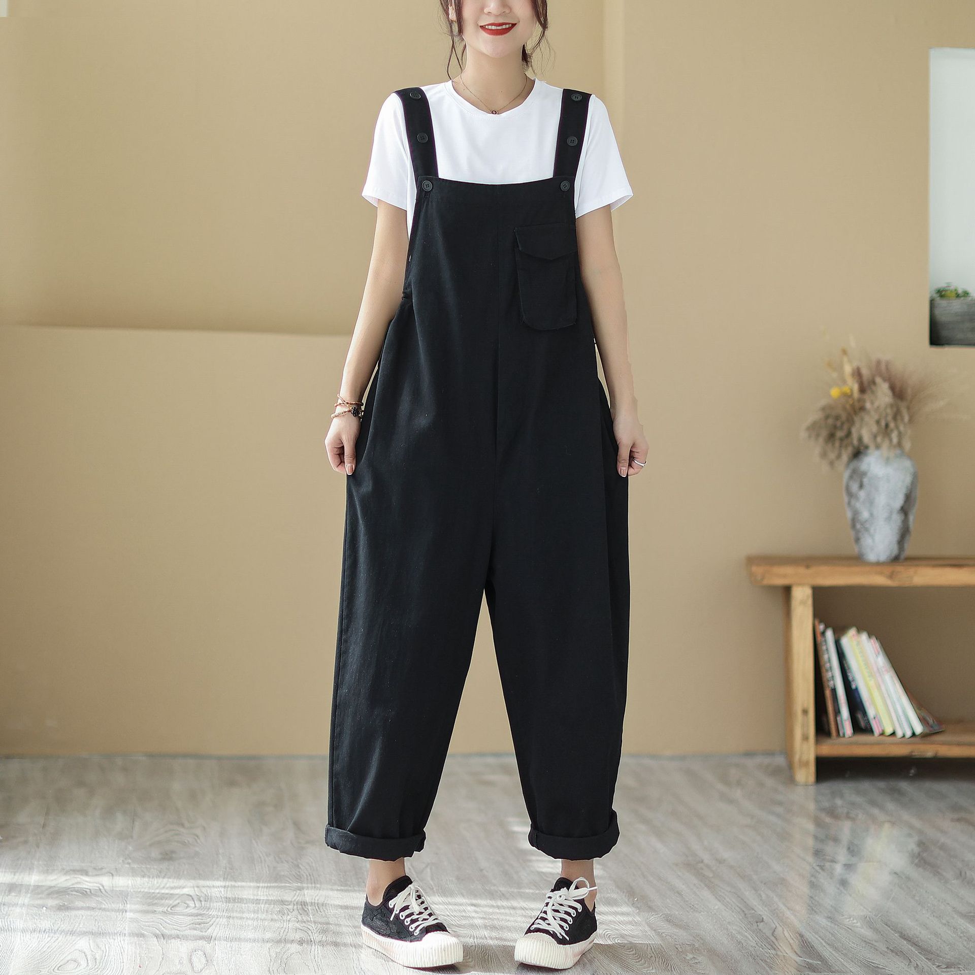 Jumpsuit — Cotton Scoop-Neck Wide Leg